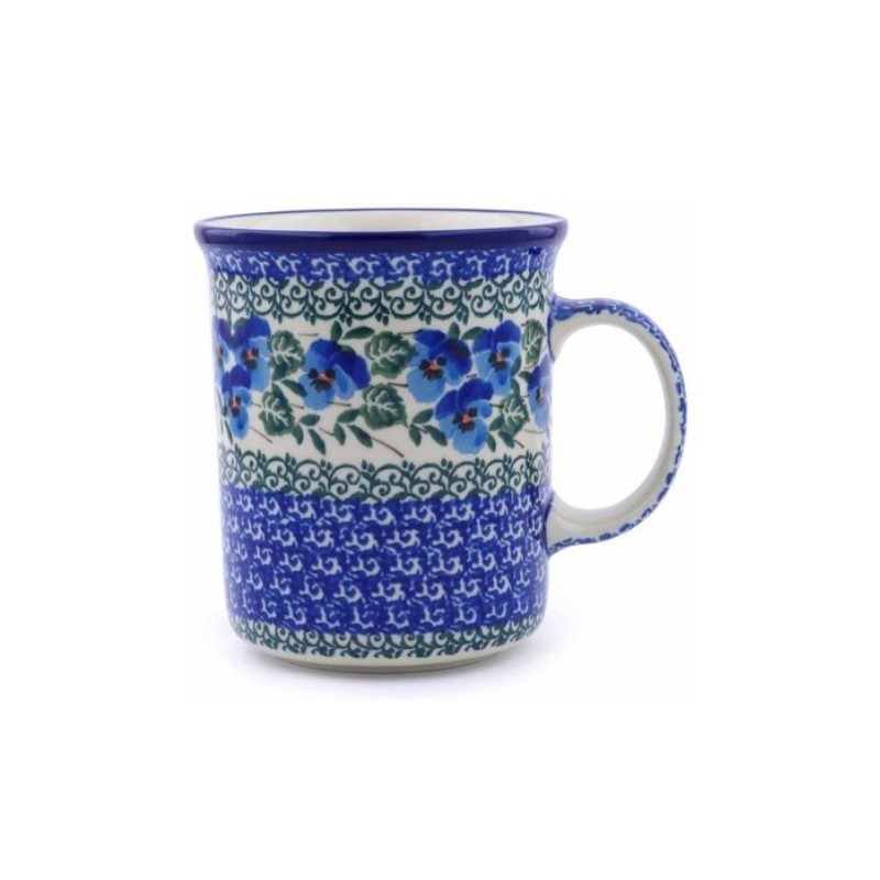 Polish Pottery Straight Mug - 15 oz - Blue Pansies Polish Pottery Straight Mug - 15 oz - Blue Pansies