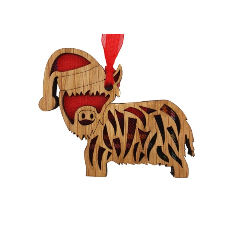 Highland Cow Tartan Wooden Ornament Handcrafted in Scotland